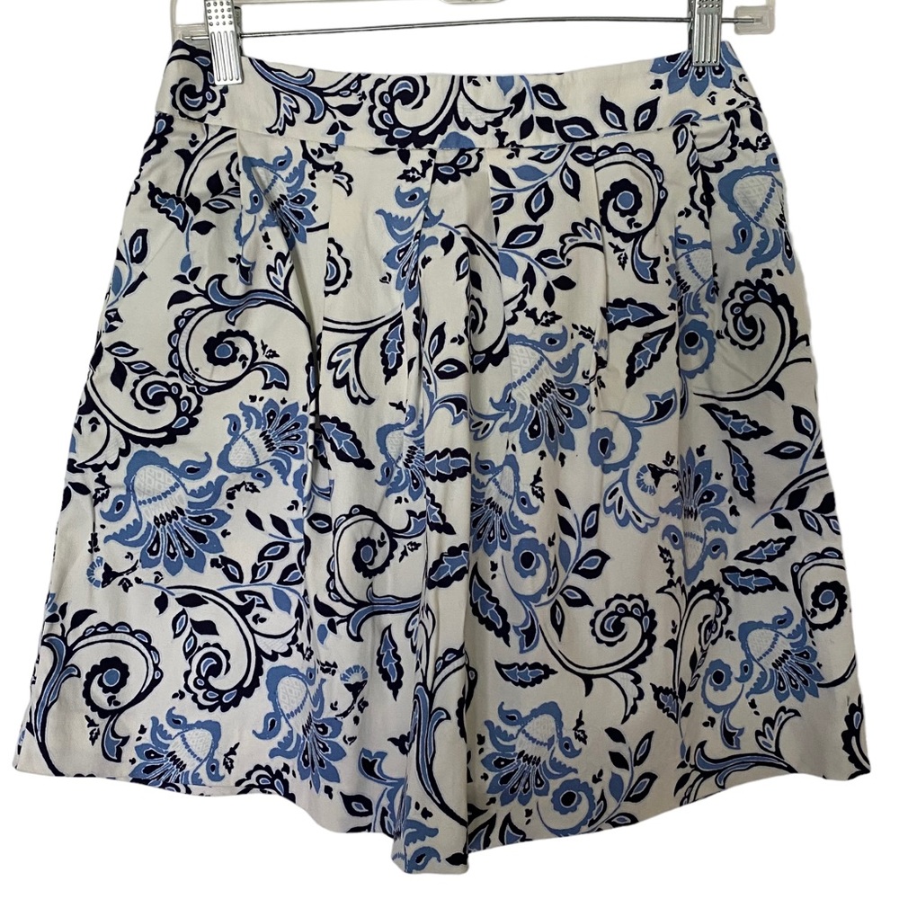 Ann Taylor Loft Skirt Cream Blue Floral Size 0 Petite Floral Pockets Pleated - Picture 1 of 12